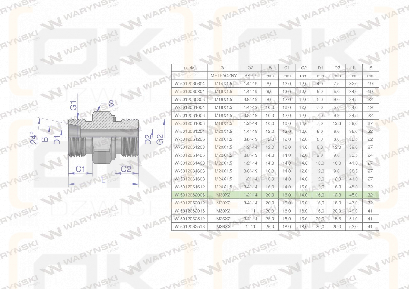 Przyłączka hydrauliczna (odmiana ciężka XGE) BB M30x2 20S x 1/2