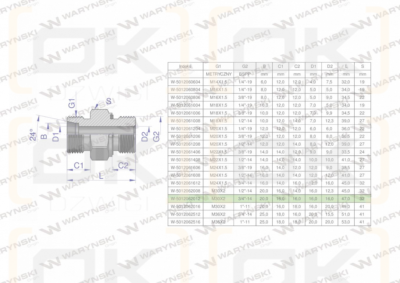 Przyłączka hydrauliczna (odmiana ciężka XGE) BB M30x2 20S x 3/4