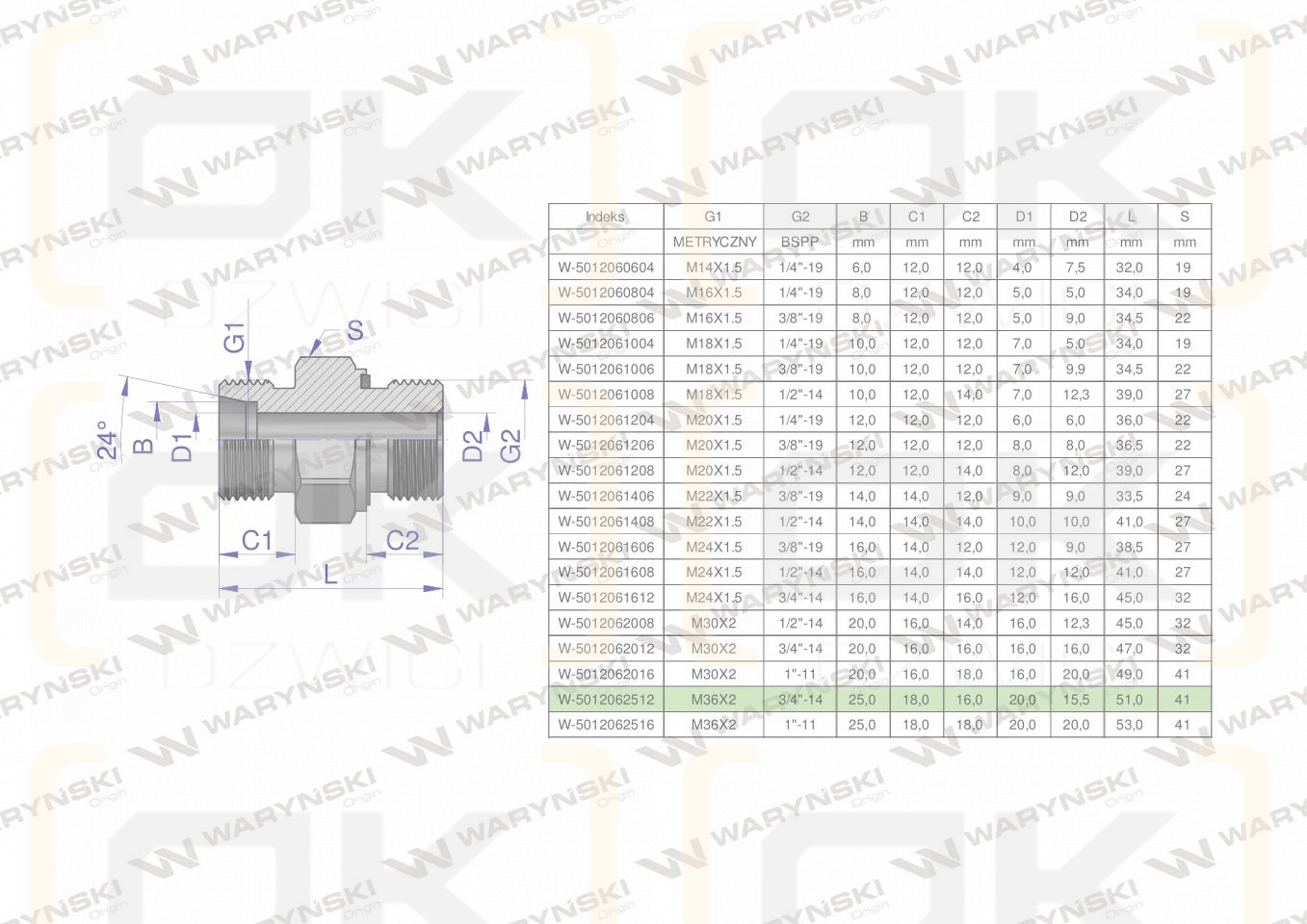 Przyłączka hydrauliczna (odmiana ciężka XGE) BB M36x2 25S x 3/4