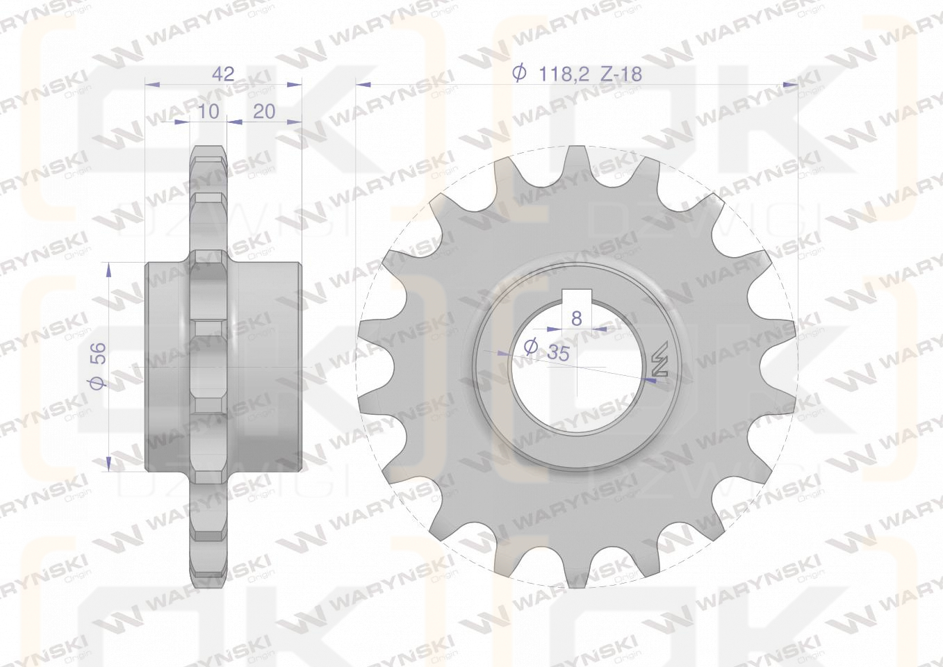 Koło łańcuchowe stalowe hartowane Z-18 3/4 fi-35 zastosowanie Bizon WARYŃSKI