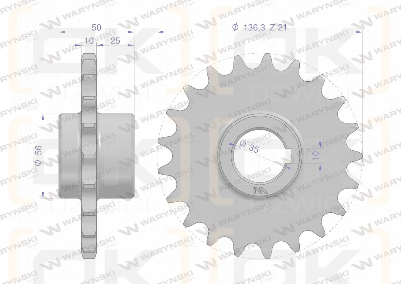 Koło łańcuchowe stalowe hartowane Z-21 3/4 fi-35 5057020110 zastosowanie Bizon WARYŃSKI