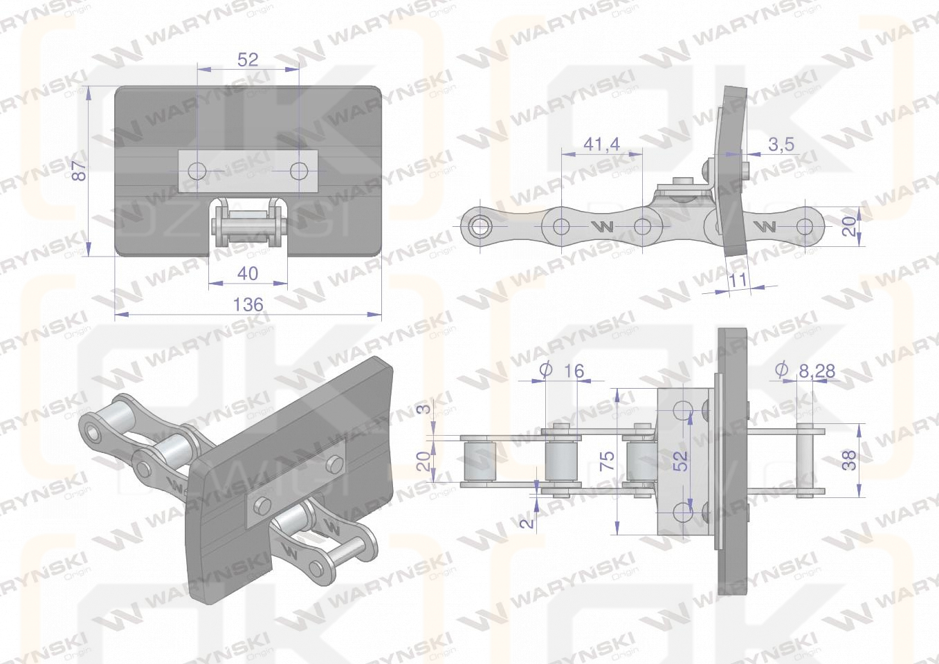 Łańcuch podajnika ziarnowego kpl. 38 łopatek 86 x 136 mm zastosowanie 5058200335 Bizon Rekord Waryński