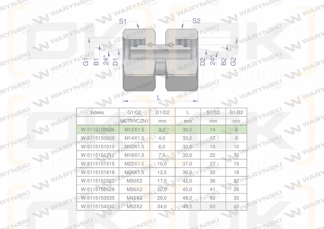 Złączka hydrauliczna metryczna AA M12x1.5 06L Waryński ( sprzedawane po 5 )