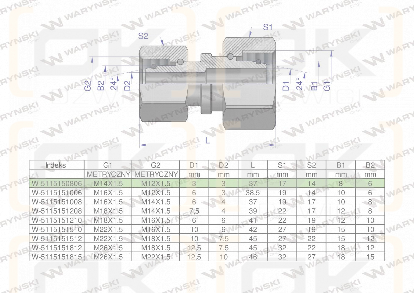 Złączka hydrauliczna metryczna AA M14x1.5 08L x M12x1.5 06L Waryński ( sprzedawane po 2 )