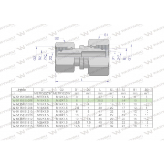 Złączka hydrauliczna metryczna AA M16x1.5 10L x M12x1.5 06L Waryński ( sprzedawane po 2 )