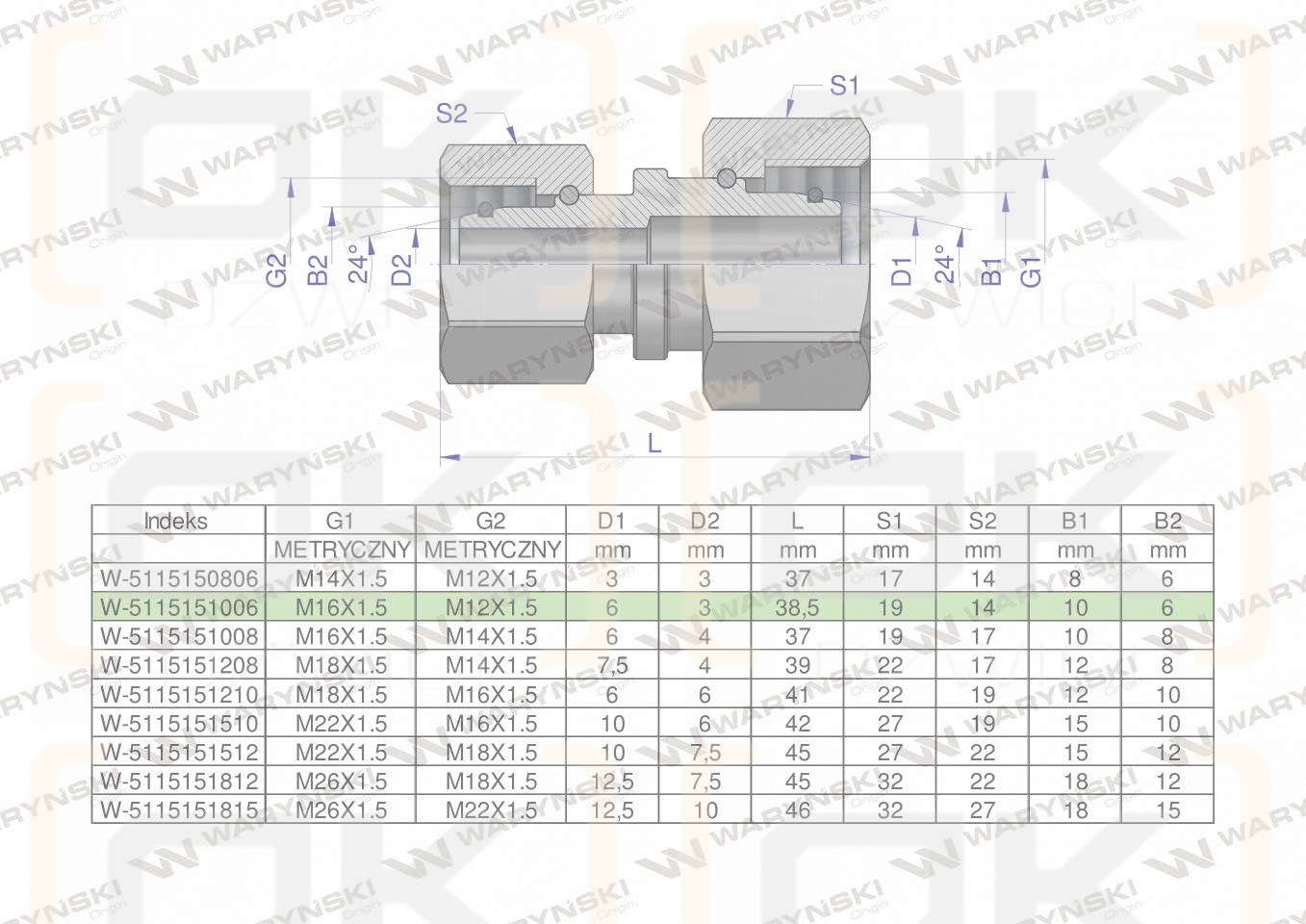 Złączka hydrauliczna metryczna AA M16x1.5 10L x M12x1.5 06L Waryński ( sprzedawane po 2 )