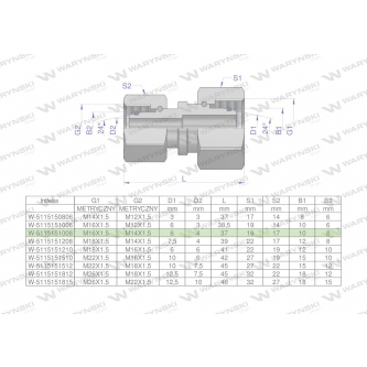 Złączka hydrauliczna metryczna AA M16x1.5 10L x M14x1.5 08L Waryński ( sprzedawane po 2 )