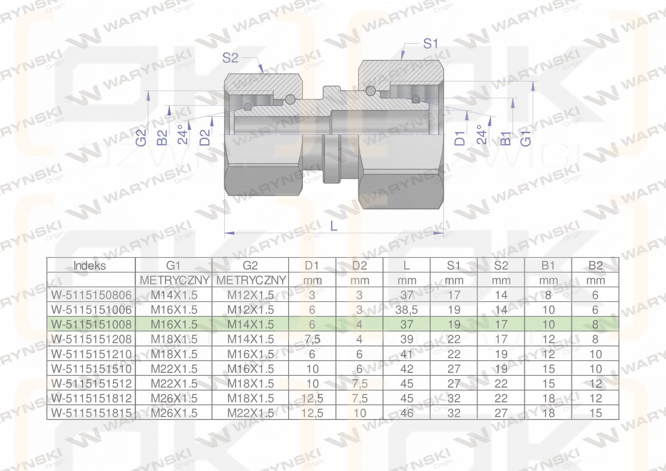 Złączka hydrauliczna metryczna AA M16x1.5 10L x M14x1.5 08L Waryński ( sprzedawane po 2 )