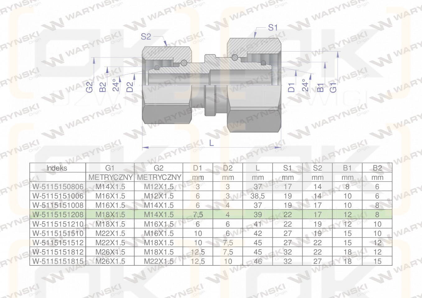Złączka hydrauliczna metryczna AA M18x1.5 12L x M14x1.5 08L Waryński ( sprzedawane po 2 )