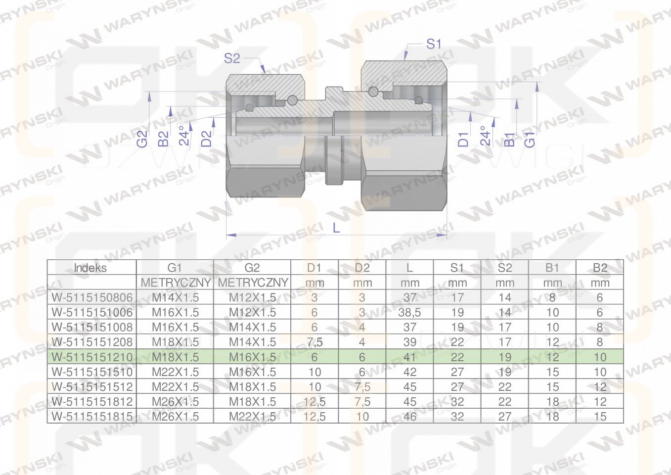 Złączka hydrauliczna metryczna AA M18x1.5 12L x M16x1.5 10L Waryński ( sprzedawane po 5 )