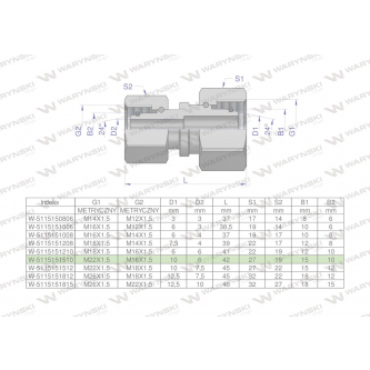 Złączka hydrauliczna metryczna AA M22x1.5 15L x M16x1.5 10L Waryński ( sprzedawane po 5 )