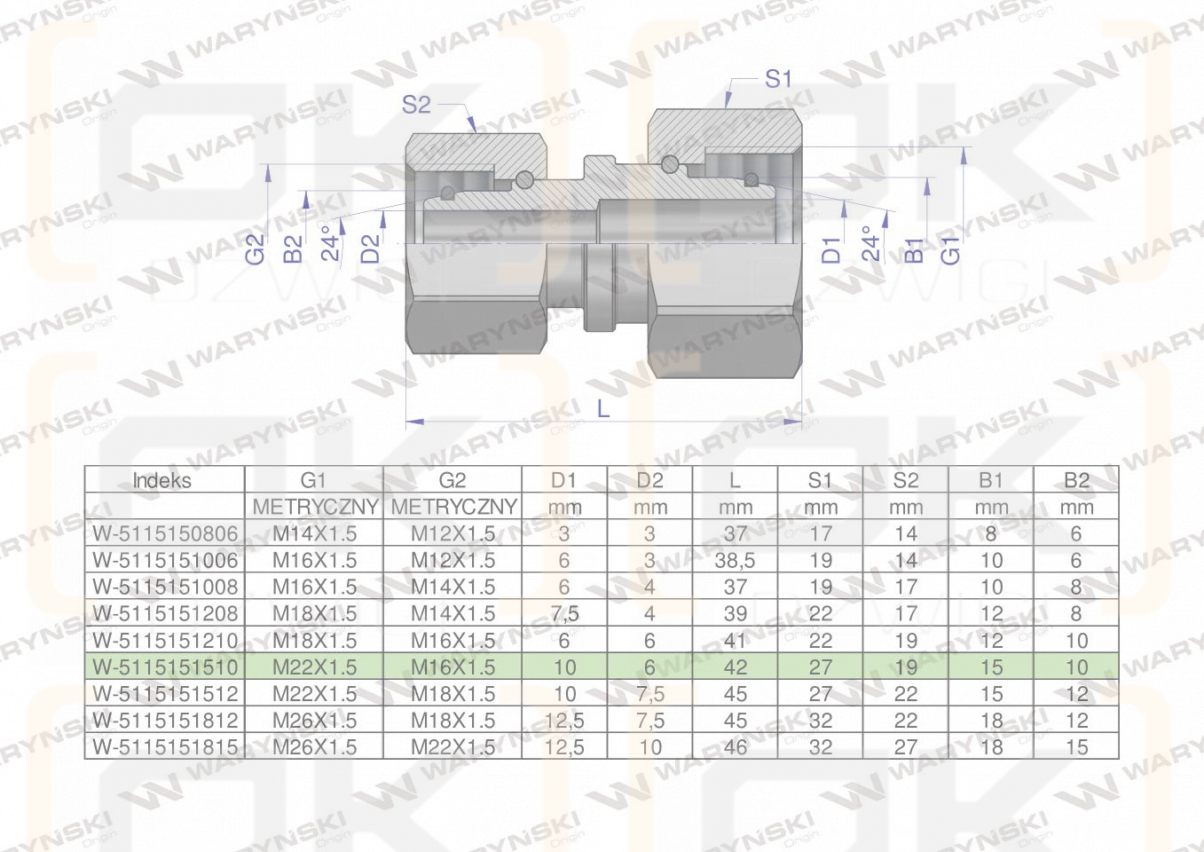 Złączka hydrauliczna metryczna AA M22x1.5 15L x M16x1.5 10L Waryński ( sprzedawane po 5 )