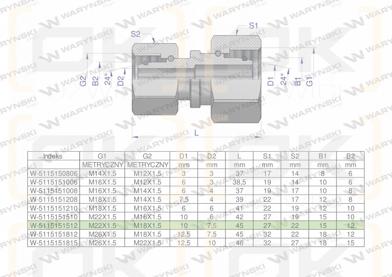 Złączka hydrauliczna metryczna AA M22x1.5 15L x M18x1.5 12L Waryński ( sprzedawane po 5 )