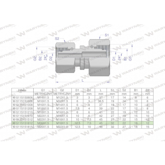 Złączka hydrauliczna metryczna AA M26x1.5 18L x M18x1.5 12L Waryński
