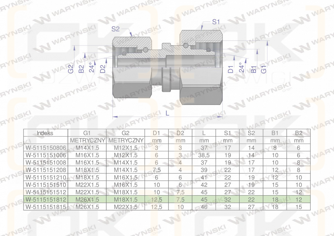 Złączka hydrauliczna metryczna AA M26x1.5 18L x M18x1.5 12L Waryński