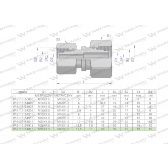 Złączka hydrauliczna metryczna AA M26x1.5 18L x M22x1.5 15L Waryński