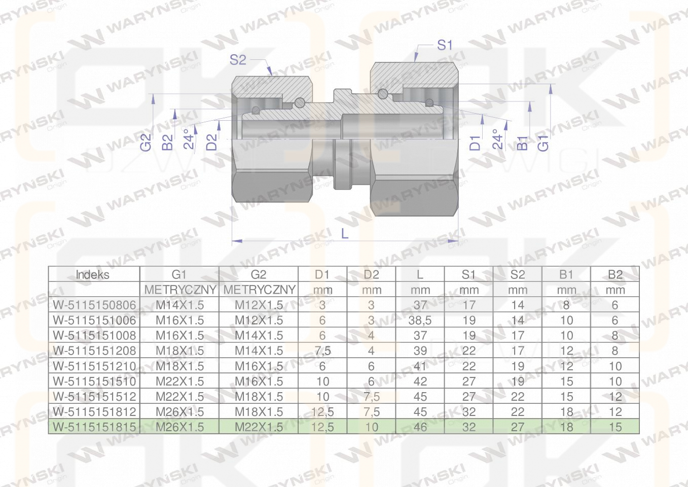 Złączka hydrauliczna metryczna AA M26x1.5 18L x M22x1.5 15L Waryński