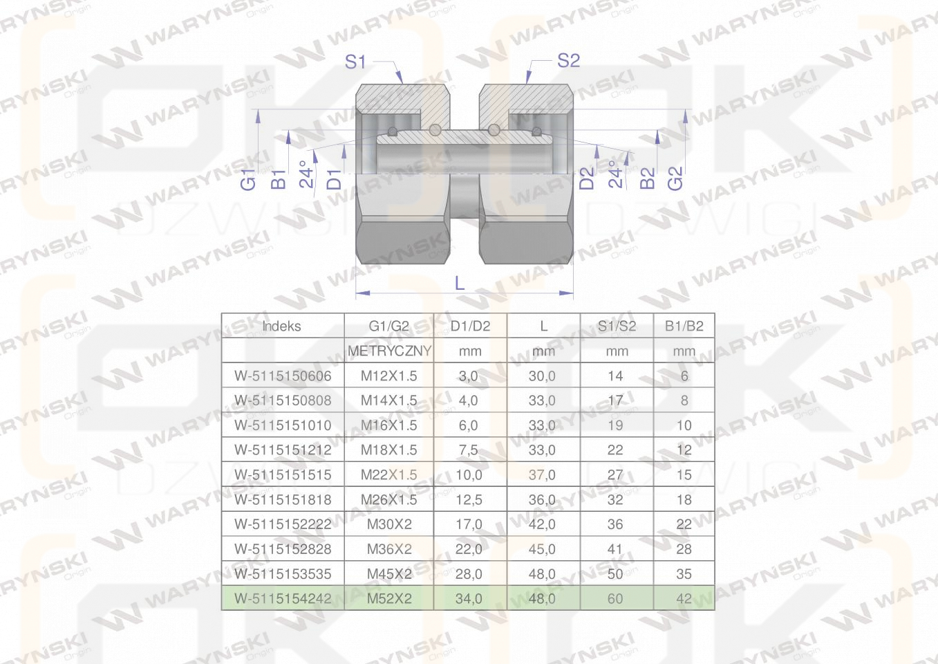 Złączka hydrauliczna metryczna AA M52x2 42L Waryński