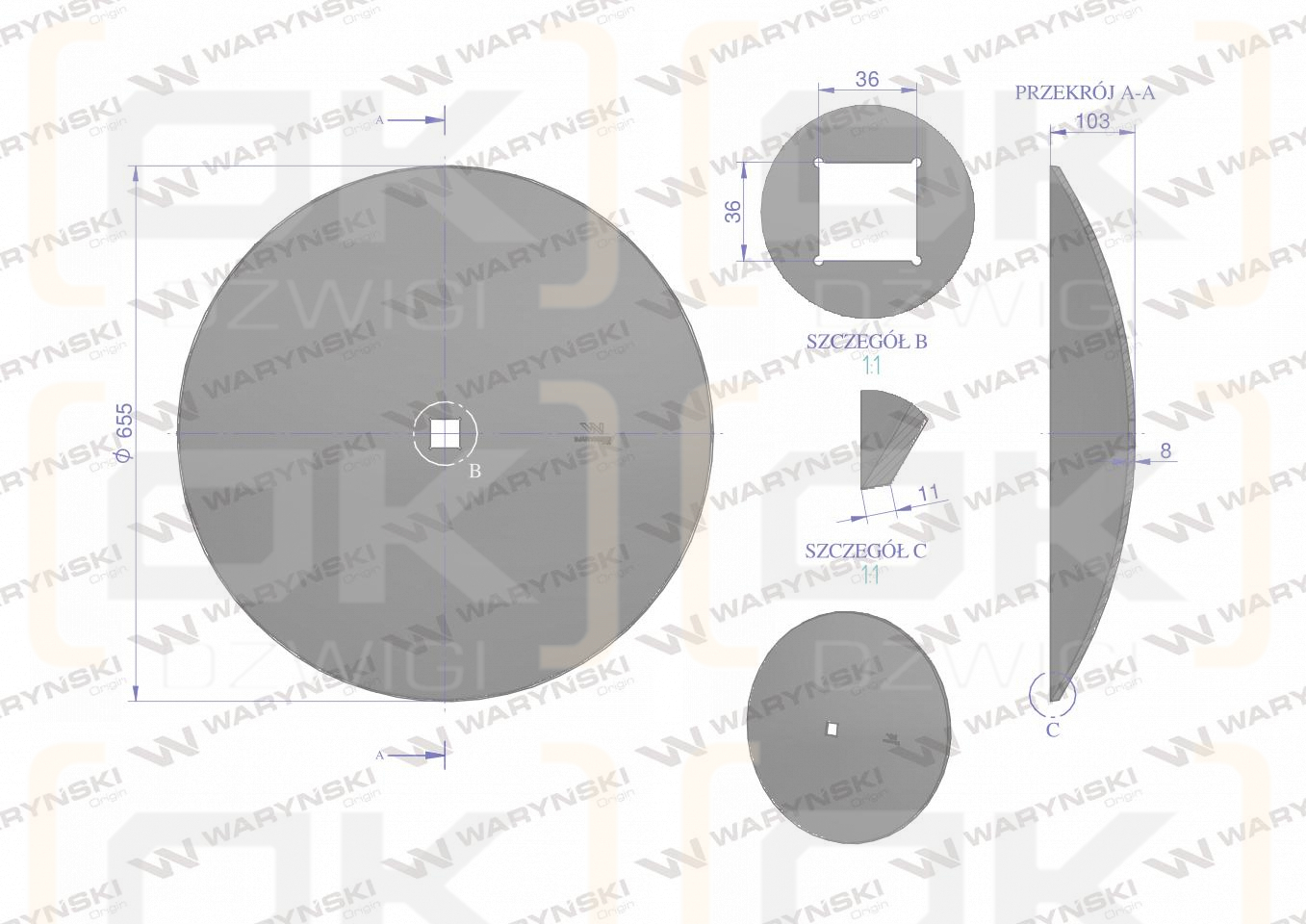 Talerz gładki fi 660 otwór 35x35 stal borowa 8mm Waryński
