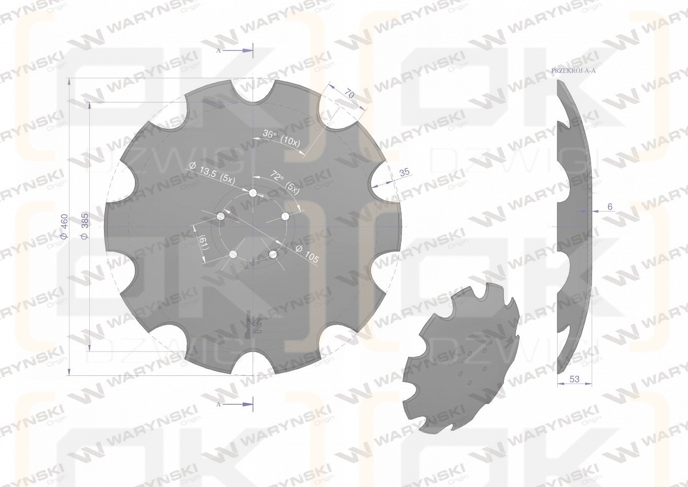 Talerz uzębiony Z-10 fi 460 mocowanie 5 / 105mm grubość 6mm zastosowanie Horsch Farmet stal borowa Waryński 28071304 3002223 3003144