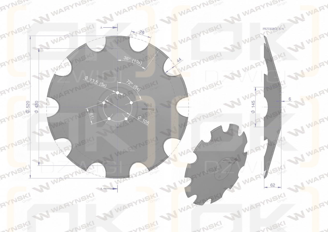 Talerz uzębiony Z-10 fi 520 mocowanie 5 / 105mm grubość 6mm zastosowanie Horsch stal borowa Waryński 28071305