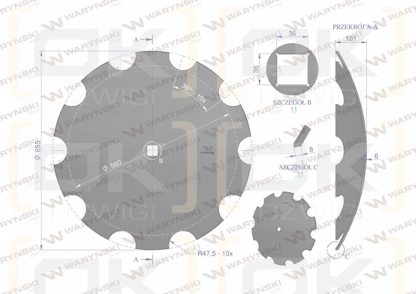 Talerz uzębiony Z-10 fi 660 otwór 35x35 stal borowa Waryński