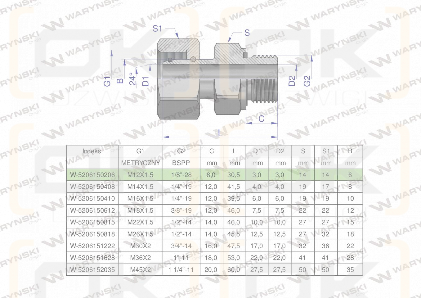 Przyłączka hydrauliczna AB (EVGE) M12x1.5 06L x 1/8