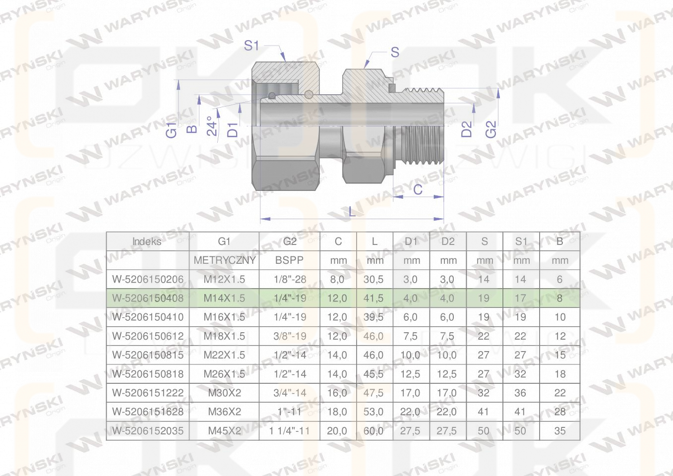 Przyłączka hydrauliczna AB (EVGE) M14x1.5 08L x 1/4