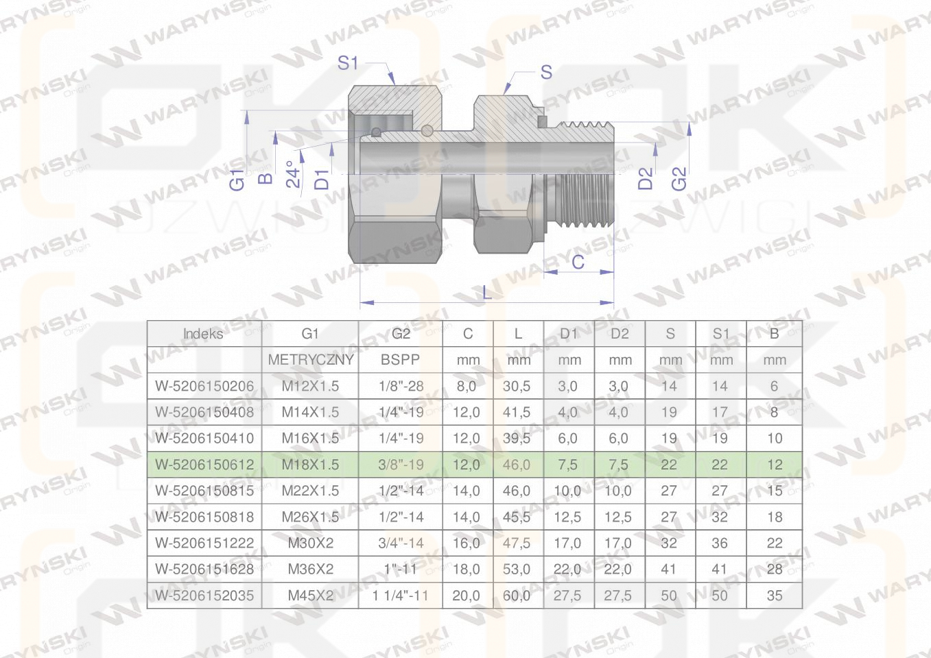 Przyłączka hydrauliczna AB (EVGE) M18x1.5 12L x 3/8