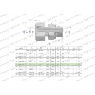 Przyłączka hydrauliczna AB (EVGE) M22x1.5 15L x 1/2