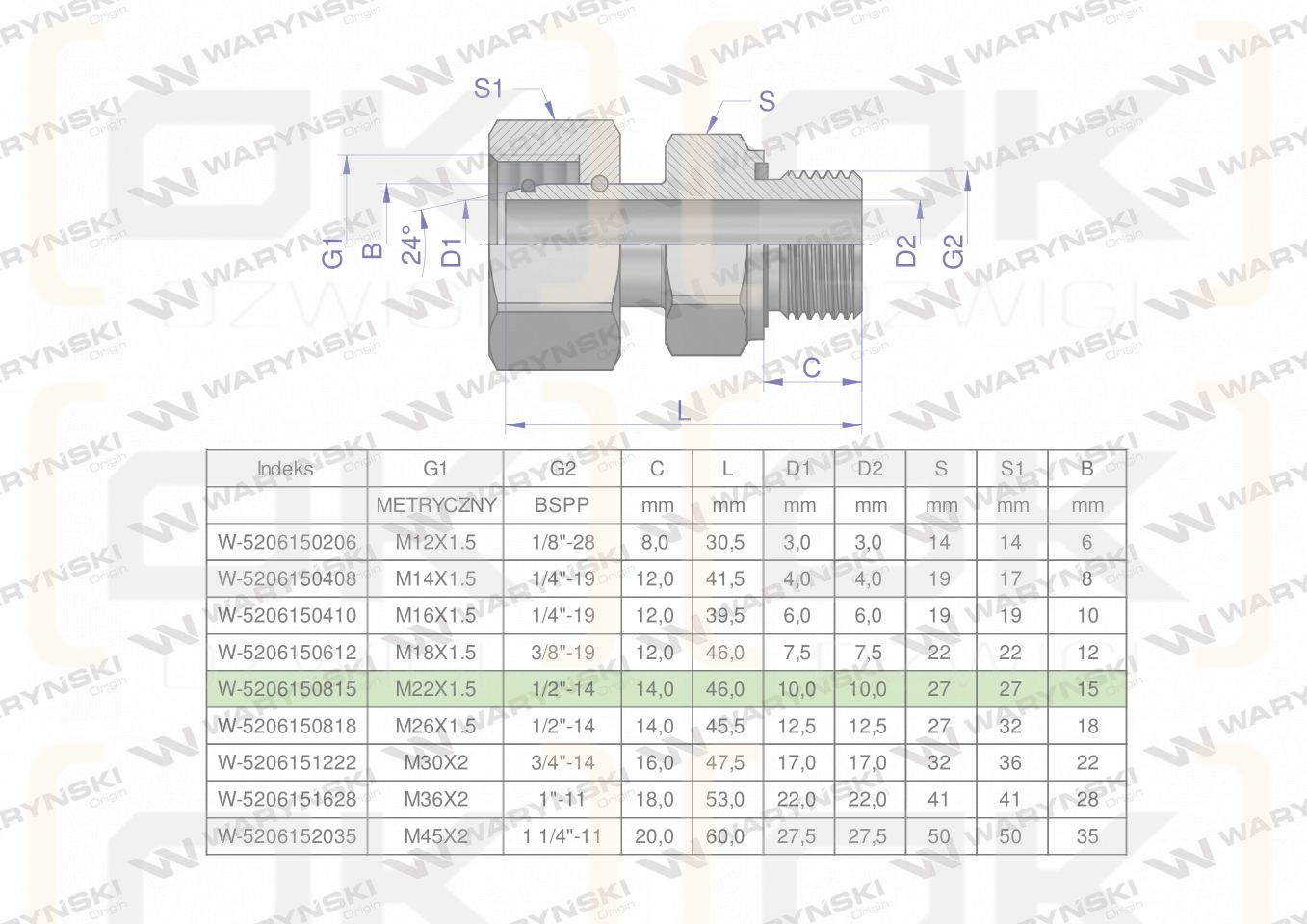 Przyłączka hydrauliczna AB (EVGE) M22x1.5 15L x 1/2