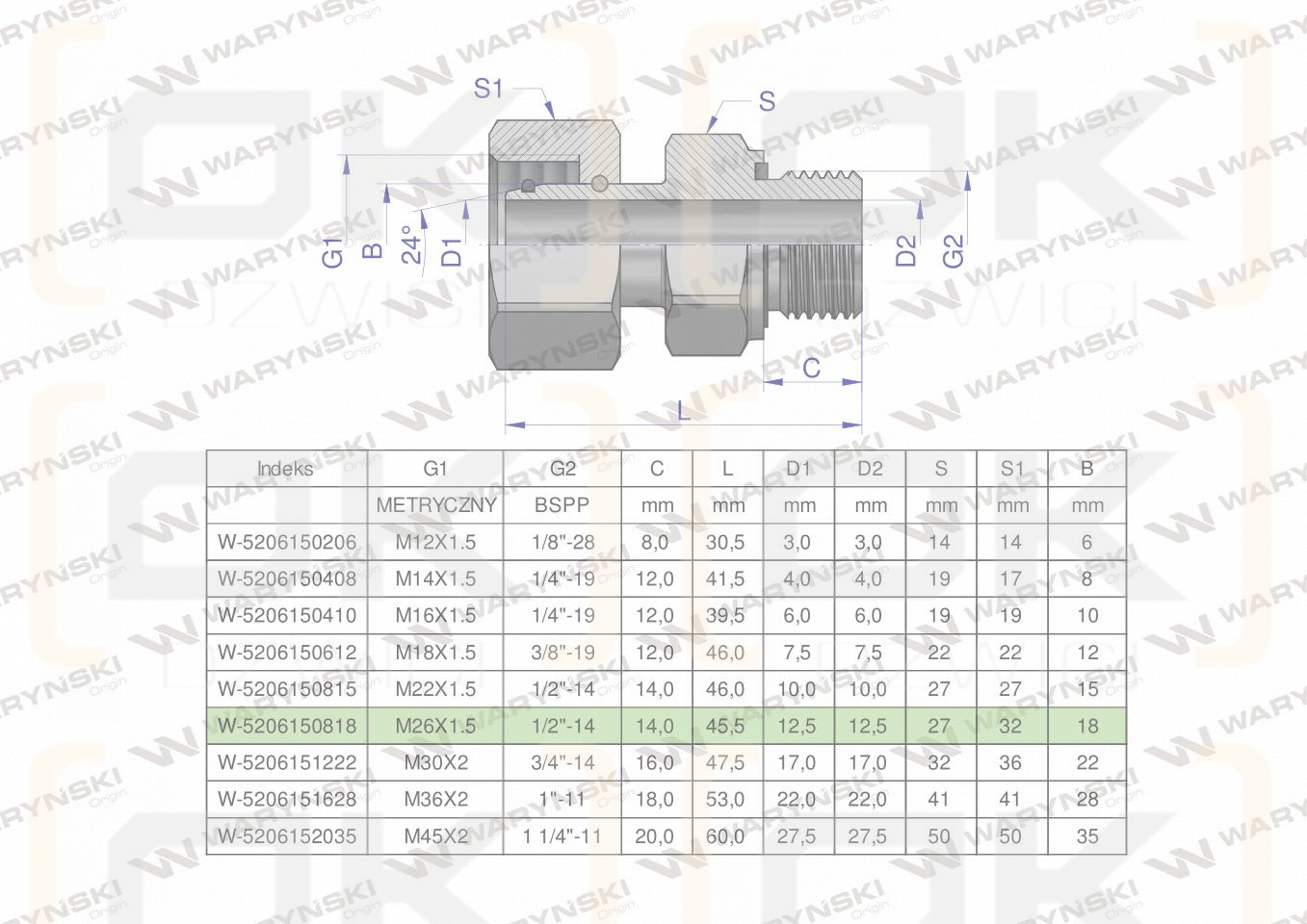 Przyłączka hydrauliczna AB (EVGE) M26x1.5 18L x 1/2