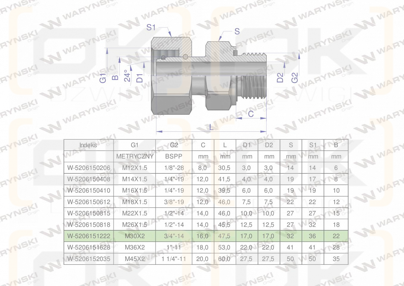 Przyłączka hydrauliczna AB (EVGE) M30x2 22L x 3/4