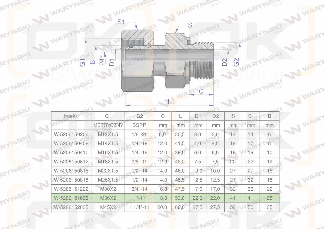 Przyłączka hydrauliczna AB (EVGE) M36x2 28L x 1