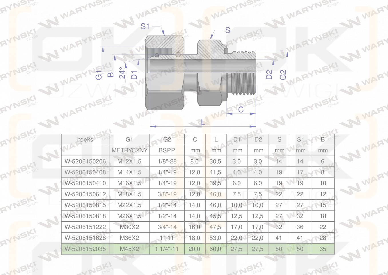 Przyłączka hydrauliczna AB (EVGE) M45x2 35L x 1 1/4