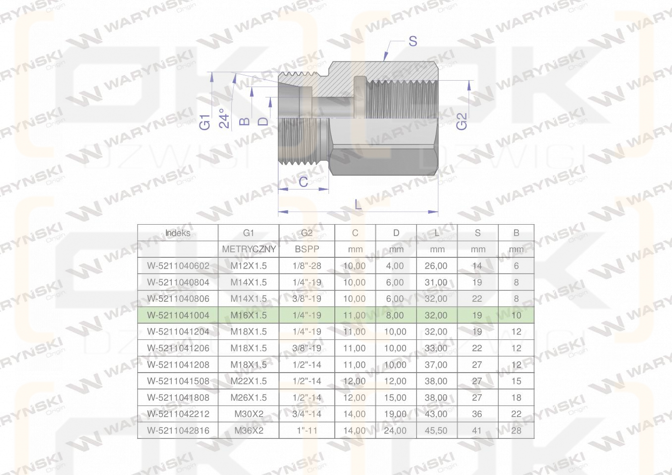 Tulejka różnicowa hydrauliczna AB M16x1.5 10L GZ x 1/4