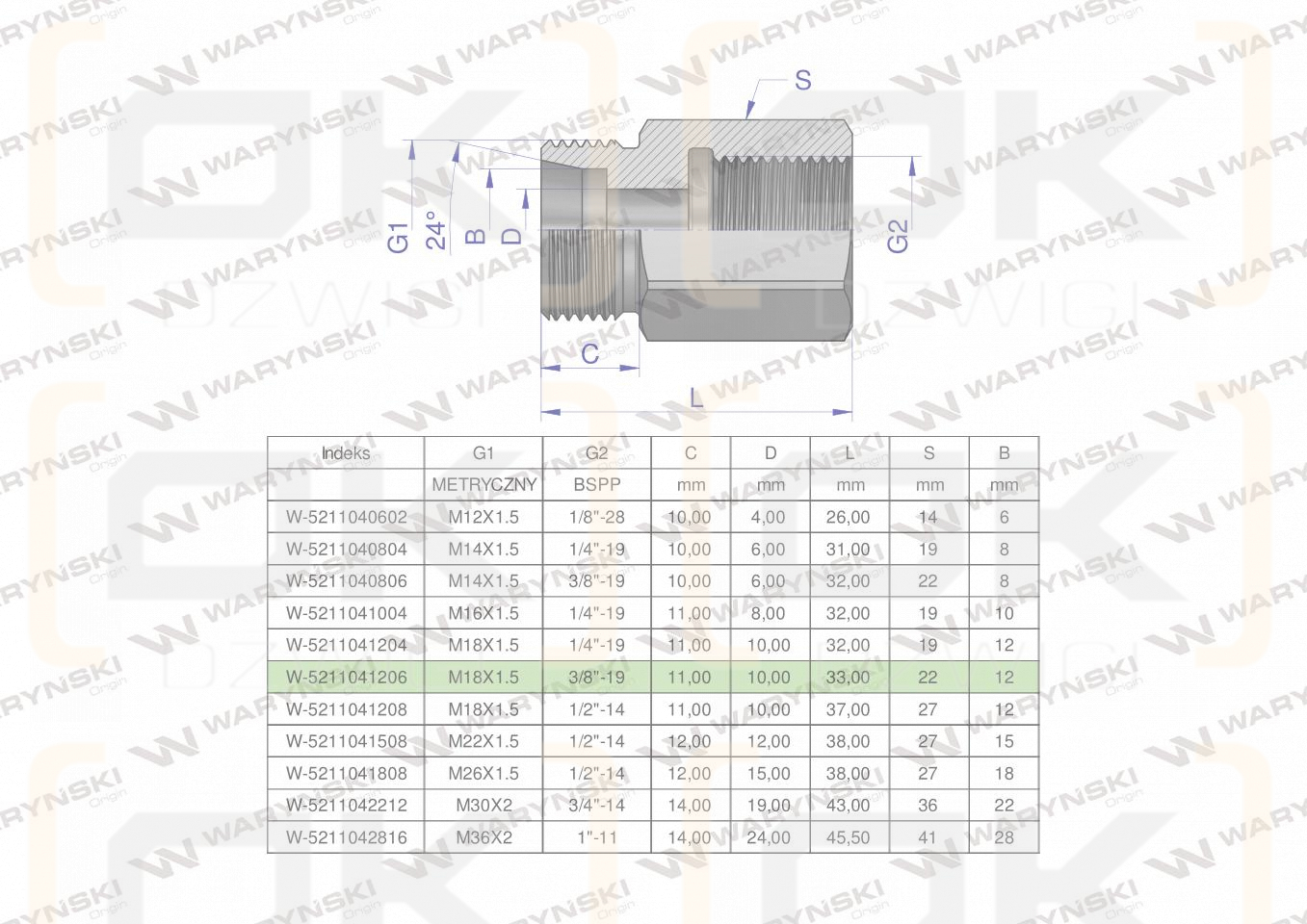 Tulejka różnicowa hydrauliczna AB M18x1.5 12L GZ x 3/8