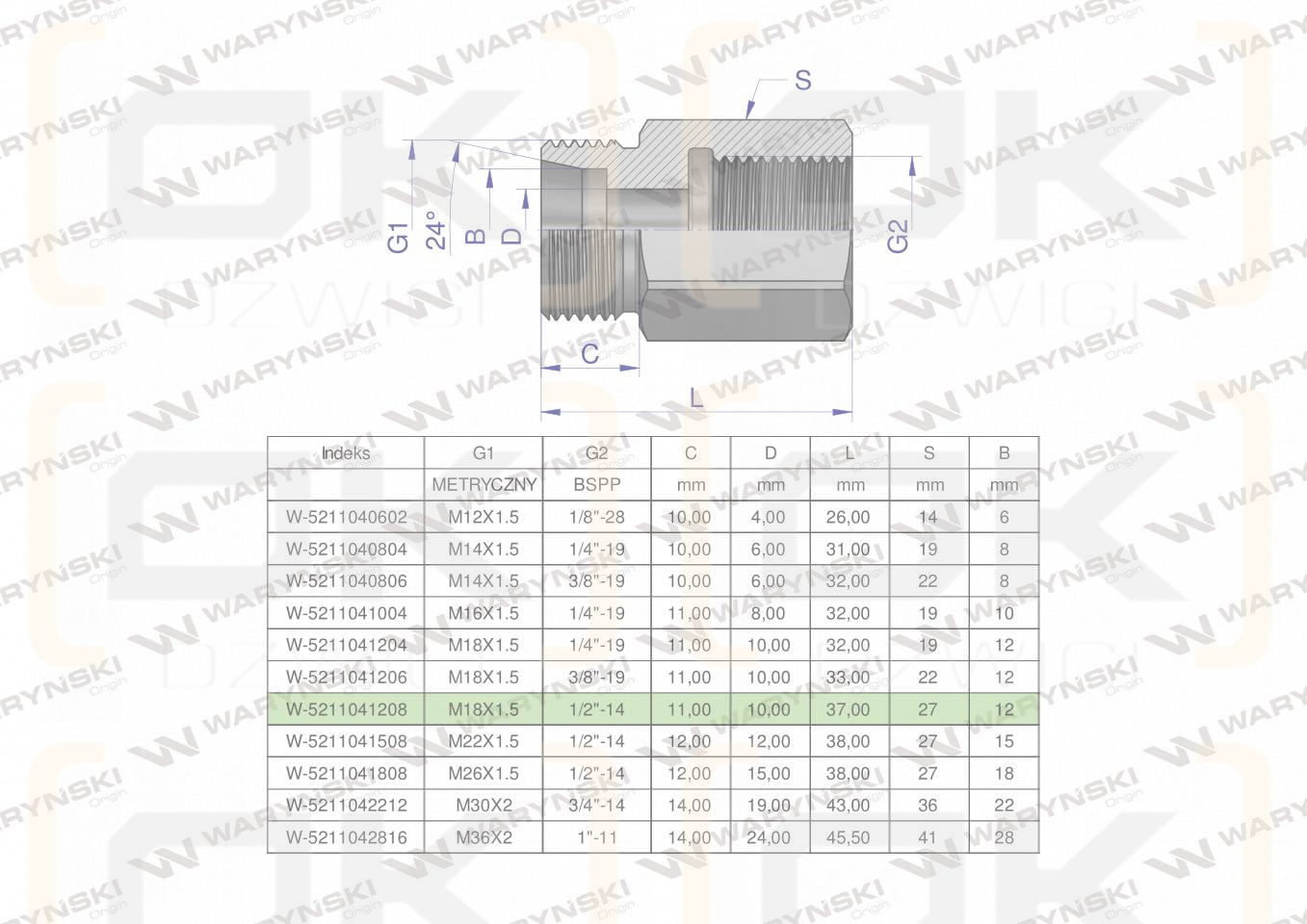 Tulejka różnicowa hydrauliczna AB M18x1.5 12L GZ x 1/2