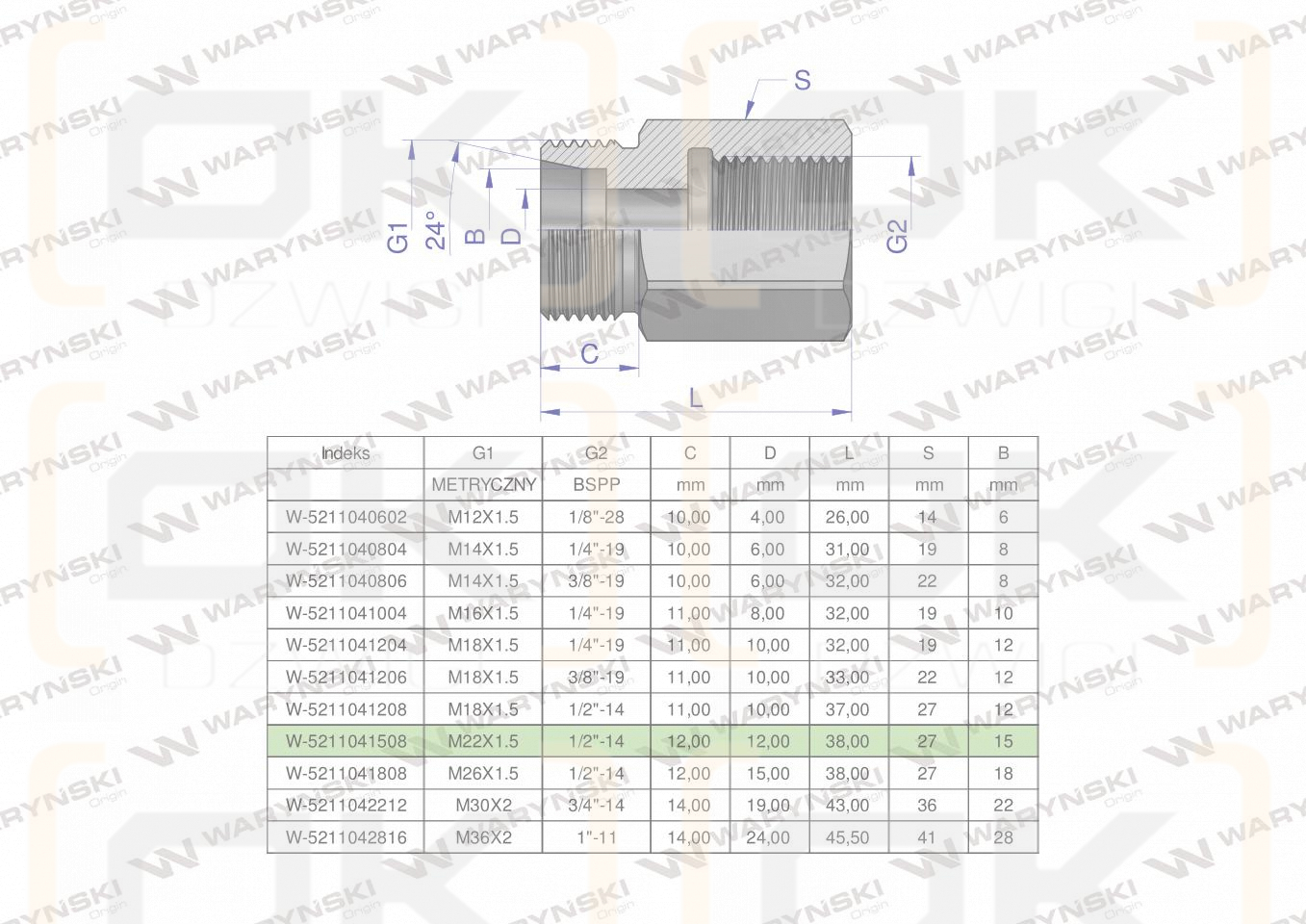 Tulejka różnicowa hydrauliczna AB M22x1.5 15L GZ x 1/2