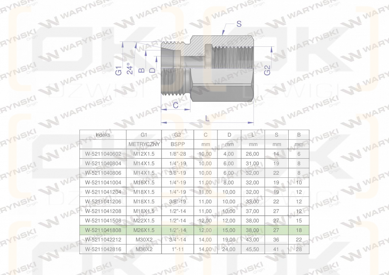 Tulejka różnicowa hydrauliczna AB M26x1.5 18L GZ x 1/2