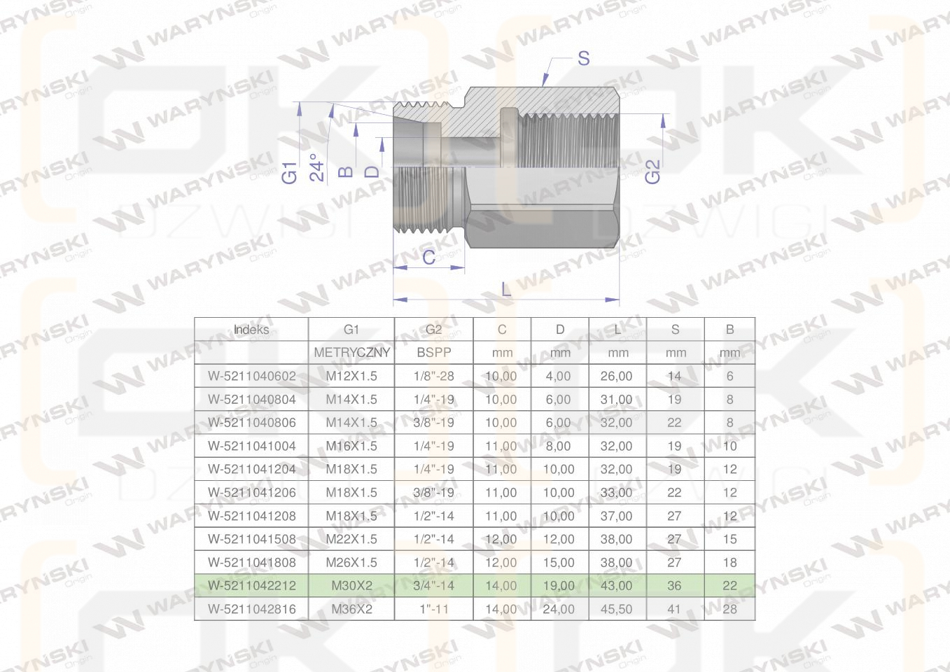 Tulejka różnicowa hydrauliczna AB M30x2 22L GZ x 3/4
