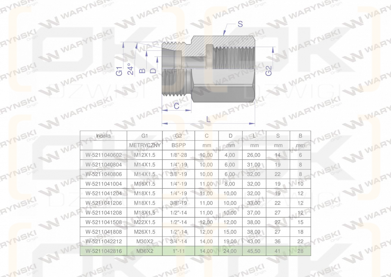 Tulejka różnicowa hydrauliczna AB M36x2 28L GZ x 1