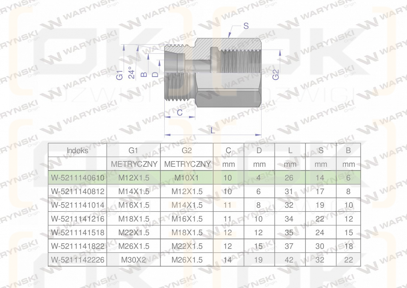 Tulejka różnicowa hydrauliczna metryczna AB M12x1.5 06L GZ x M10x1 GW Waryński ( sprzedawane po 2 )