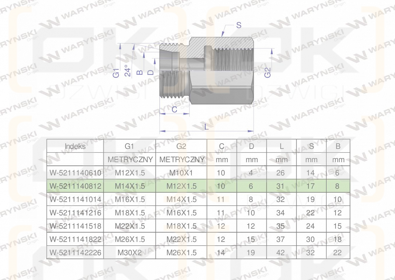 Tulejka różnicowa hydrauliczna metryczna AB M14x1.5 08L GZ x M12x1.5 GW Waryński ( sprzedawane po 2 )