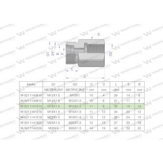 Tulejka różnicowa hydrauliczna metryczna AB M16x1.5 10L GZ x M14x1.5 GW Waryński ( sprzedawane po 2 )