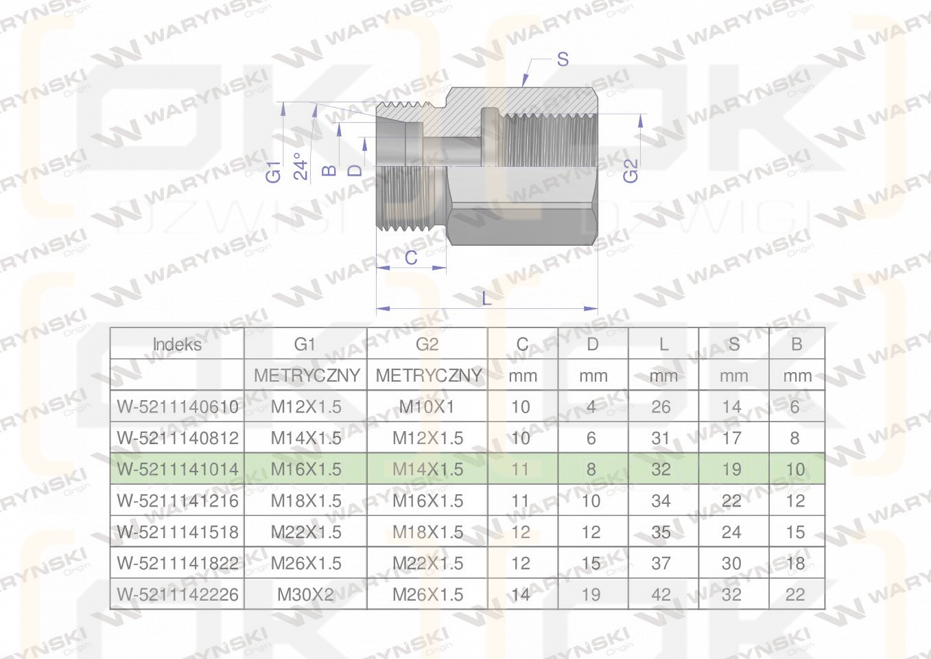 Tulejka różnicowa hydrauliczna metryczna AB M16x1.5 10L GZ x M14x1.5 GW Waryński ( sprzedawane po 2 )