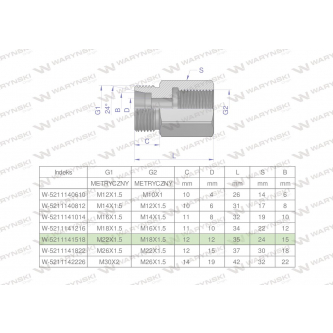 Tulejka różnicowa hydrauliczna metryczna AB M22x1.5 15L GZ x M18x1.5 GW Waryński ( sprzedawane po 2 )