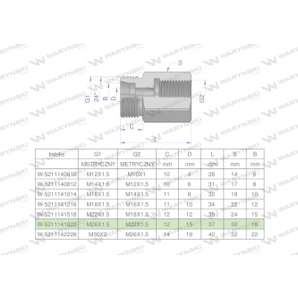 Tulejka różnicowa hydrauliczna metryczna AB M26x1.5 18L GZ x M22x1.5 GW Waryński