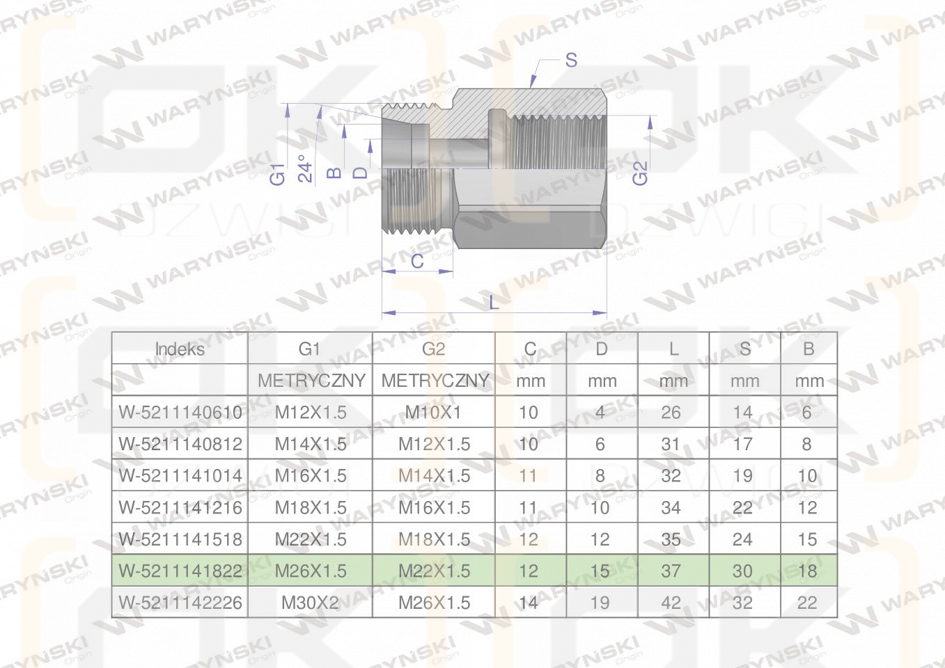 Tulejka różnicowa hydrauliczna metryczna AB M26x1.5 18L GZ x M22x1.5 GW Waryński
