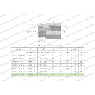 Tulejka różnicowa hydrauliczna metryczna AB 30x2 22L GZ x M26x1.5 GW Waryński